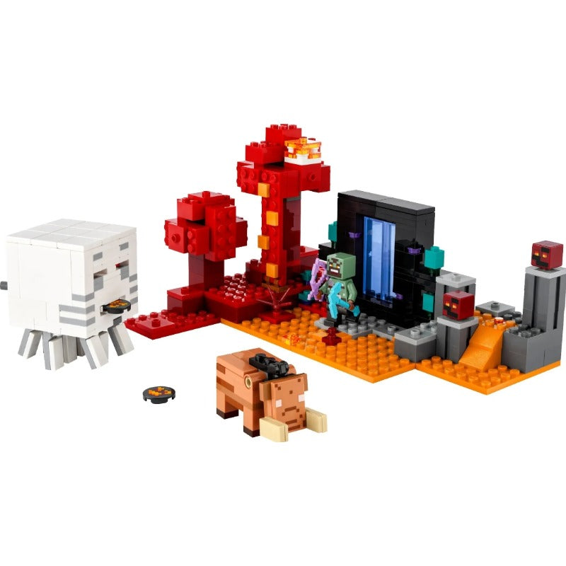 Blocky building block scene with mob figures near portal