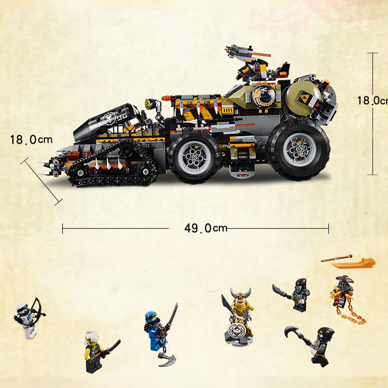 Rear angle view of a building block battle vehicle