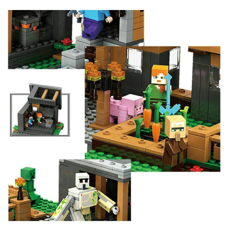 Nighttime display view of a blocky village building block scene