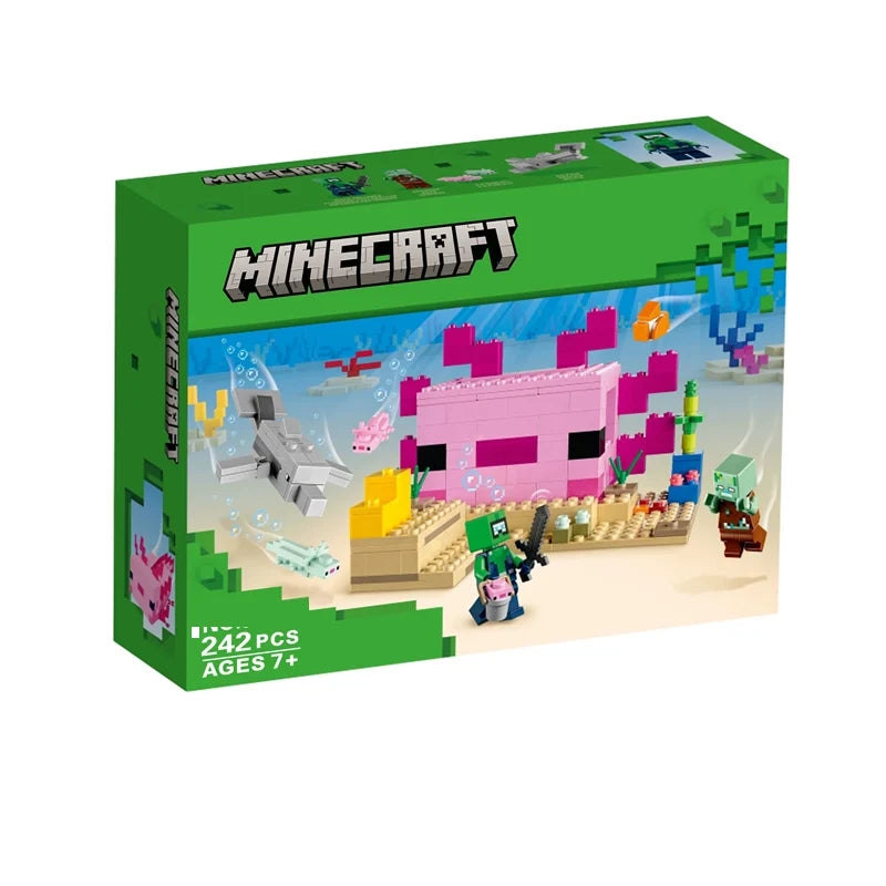 Full assembled pixel-style axolotl house display