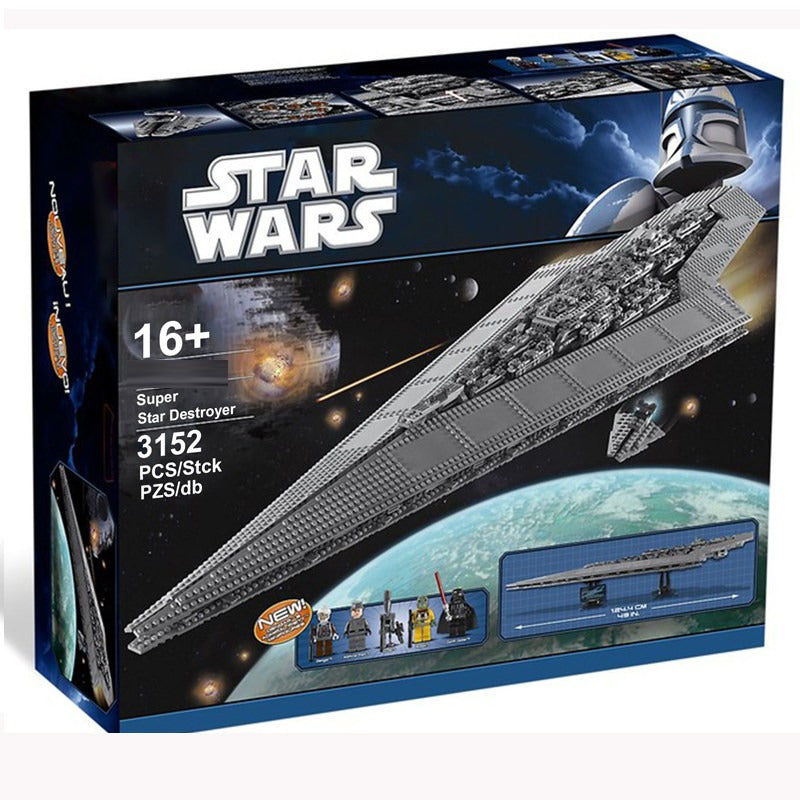 Full-length view of the 3152-piece Super Star Destroyer building block model