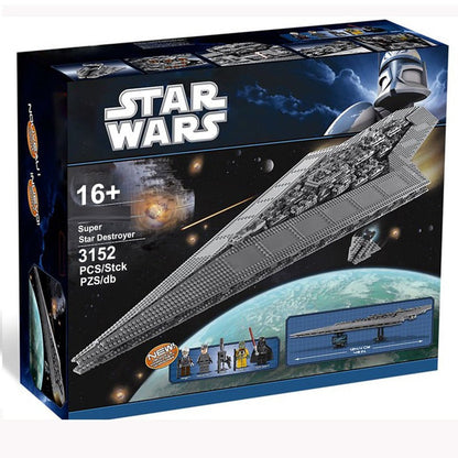 Full-length view of the 3152-piece Super Star Destroyer building block model