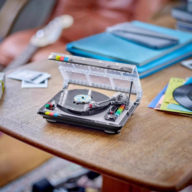 Angled view of the brick-built vintage turntable
