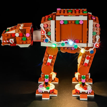 Gingerbread walker model shown lit up with the LED kit