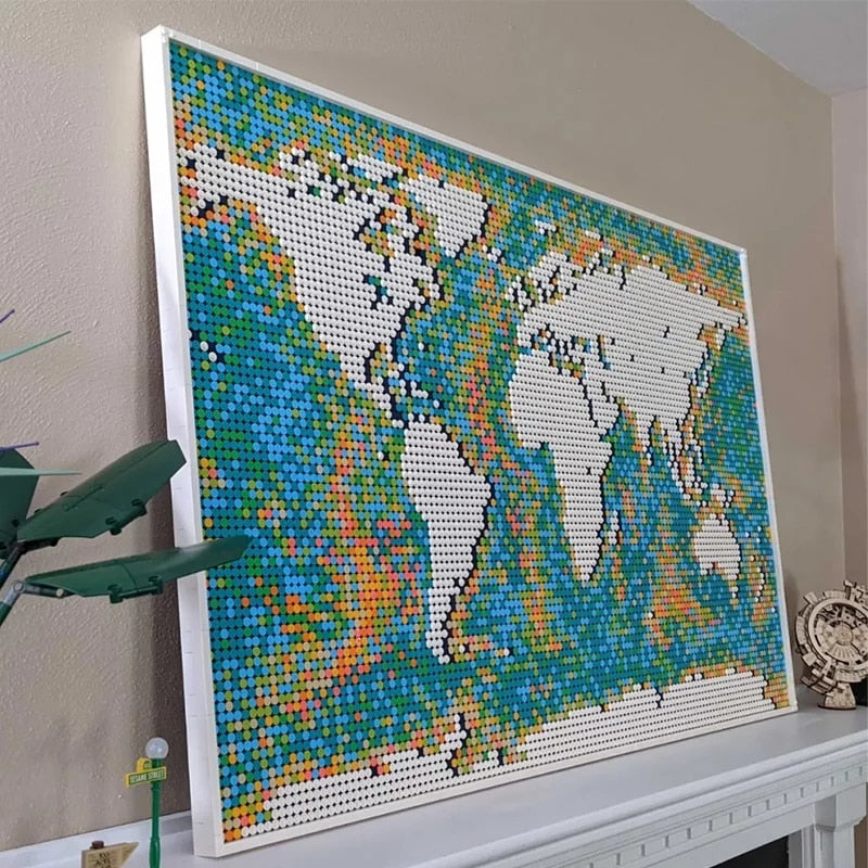 Close-up of continents on the world map mosaic build