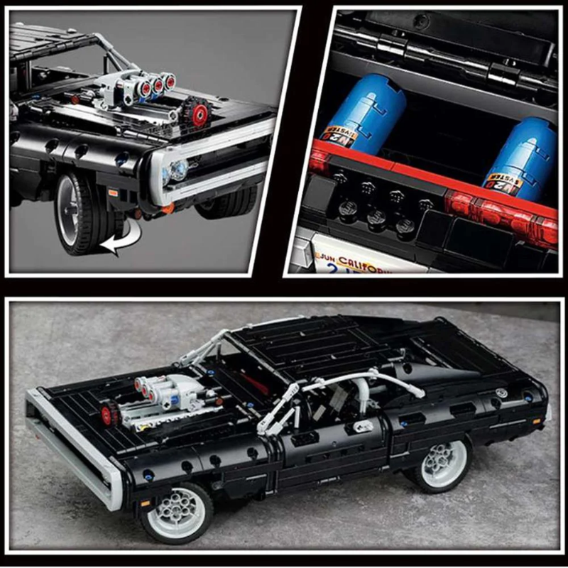 Classic American muscle car building block model presented as a fully built display model