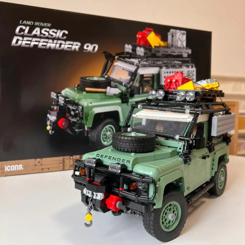 Defender 90 building block set displayed on a shelf