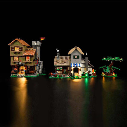 Medieval town square brick model night display with LED lights