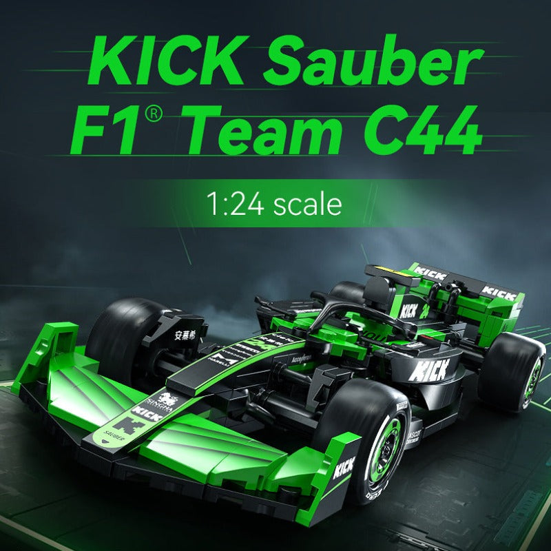 mini Formula racing car building block model, front three-quarter view