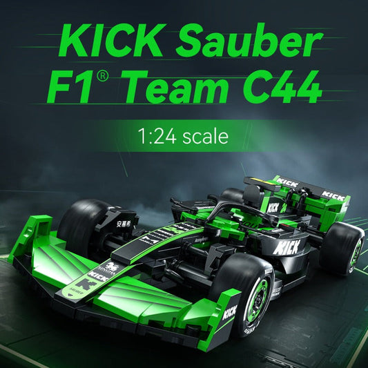 mini Formula racing car building block model, front three-quarter view