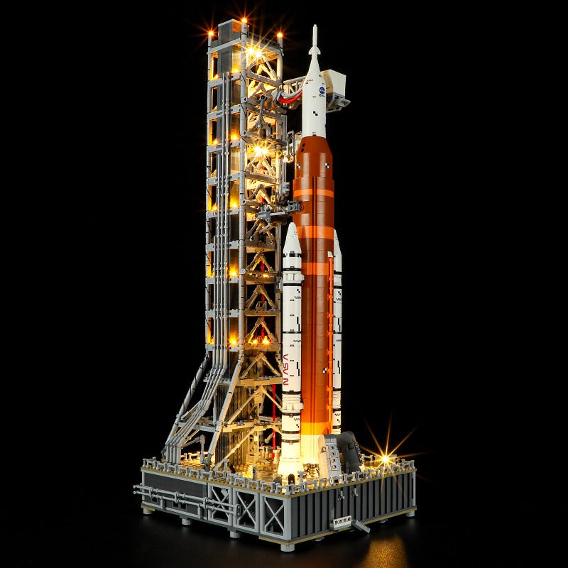 Close-up of the core stage detailing on the rocket build