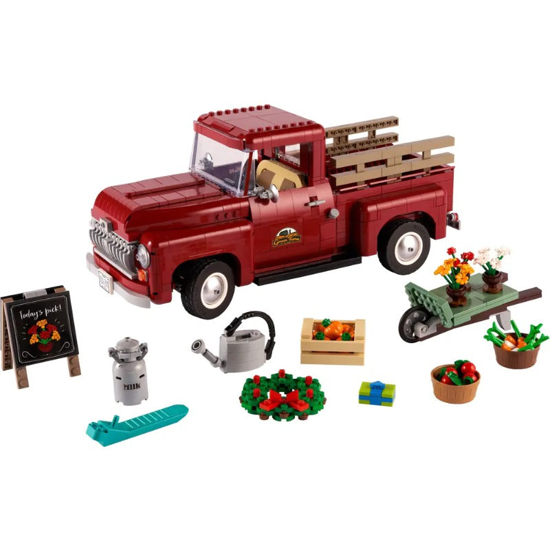 Side view of the completed pickup truck brick model