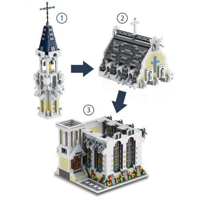 medieval city church building block set assembled model close-up