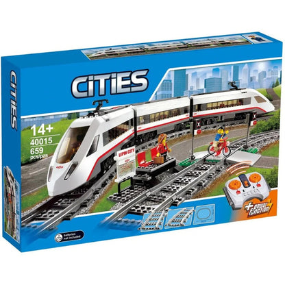 Side view of the assembled high-speed passenger train set