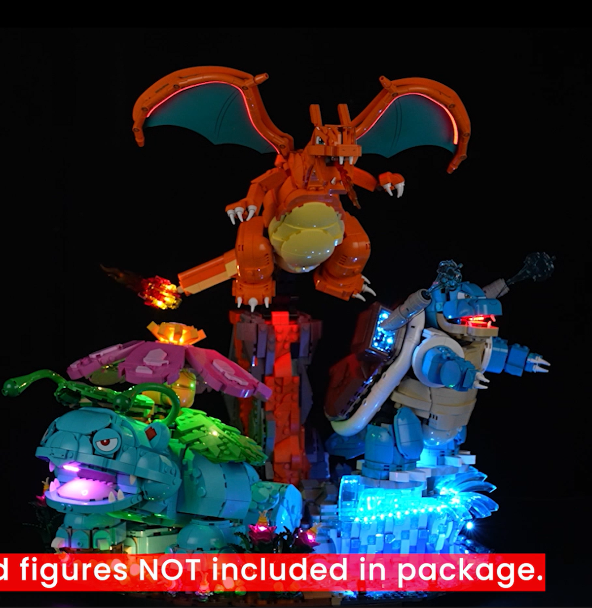 Bricks plus LED version of the Venusaur, Charizard and Blastoise building set