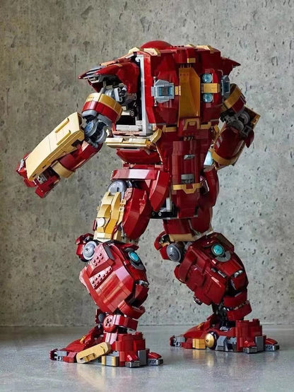Hulkbuster mech building block model displayed on a shelf
