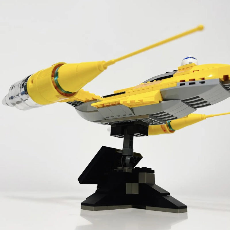 Chrome-finish starfighter building block model rear view
