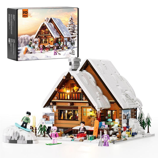 Vintage Ski Hut Building Block House Set with Lights – 2187 PCS – full display view
