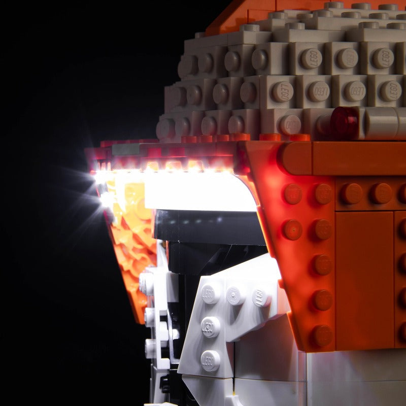 Lit version of the brick-built helmet in a dark setting