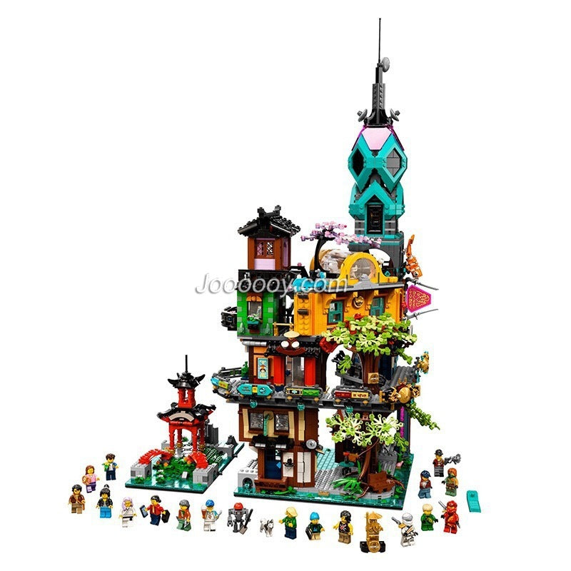 Assembled ninja-themed city garden skyline building block model
