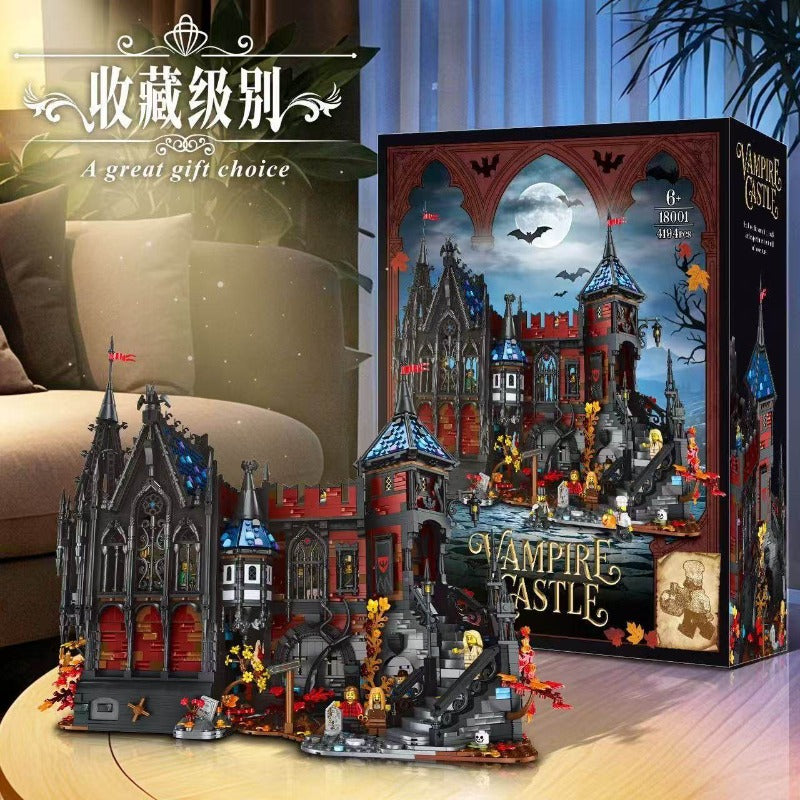 Rear angle of the assembled Gothic manor building block set
