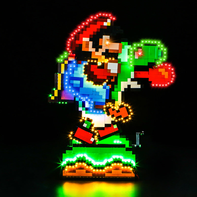 Mario and Yoshi brick model shown with LED lighting option