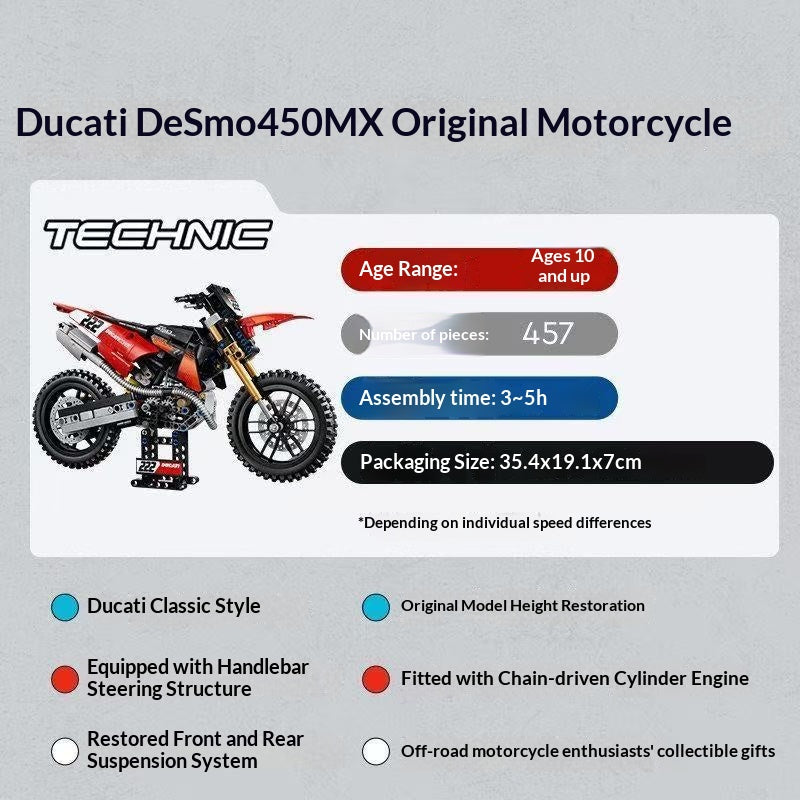Angled view of the assembled motocross motorcycle