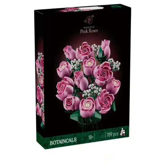 Full view of the 789-piece pink rose bouquet building block set