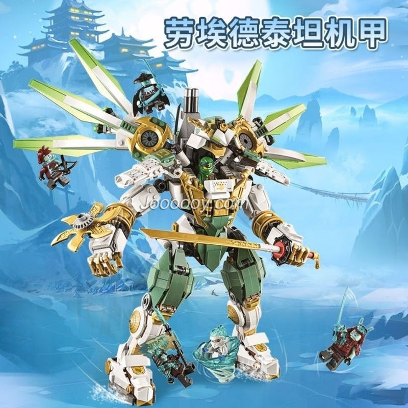 Side view of an armored ninja mech block build