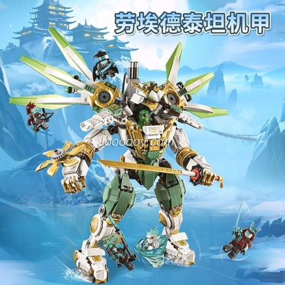 Side view of an armored ninja mech block build