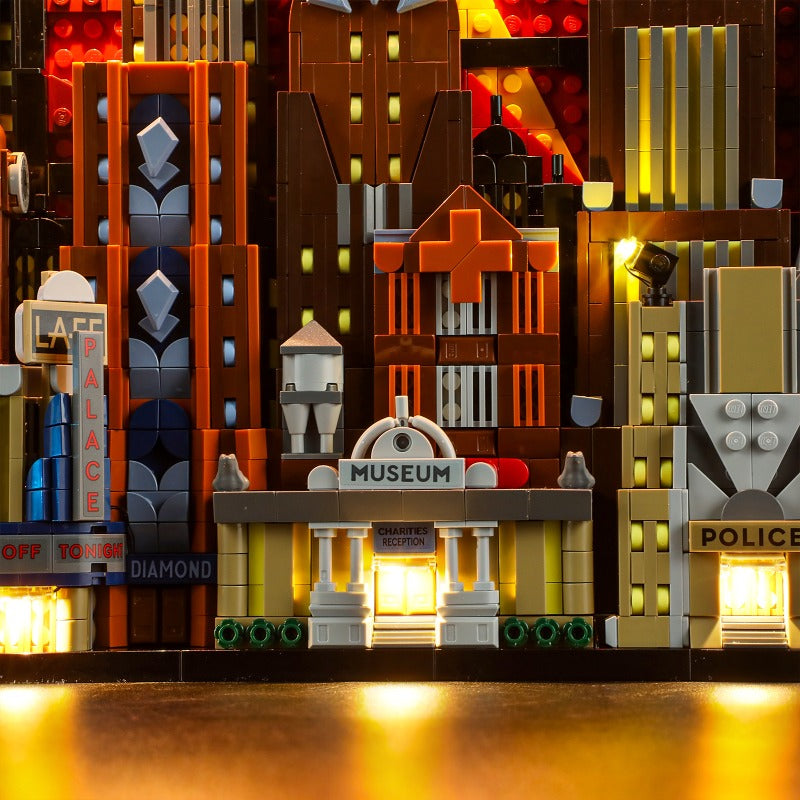 Retro comic city skyline brick model full display