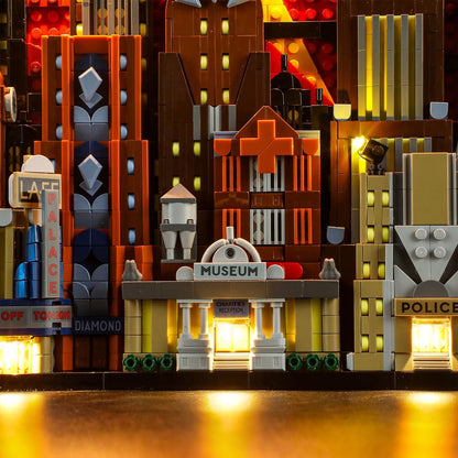 Retro comic city skyline brick model full display
