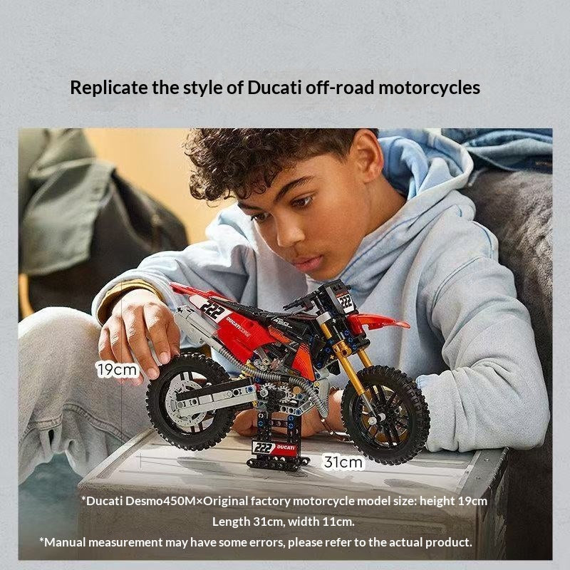 Side profile of the assembled motorcycle building set