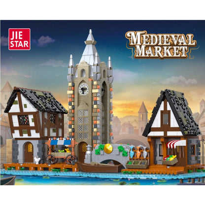 None-piece medieval market and town barn building block model front view