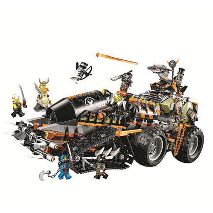 Side view of a multi-wheeled ninja battle vehicle block build