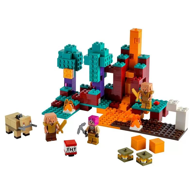 Pixel-style warped forest building block scene assembled