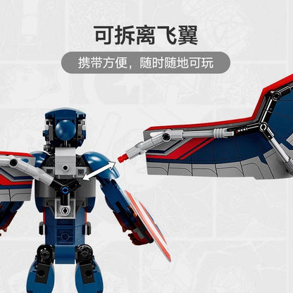 Block-built construction figure prepared for shelf display
