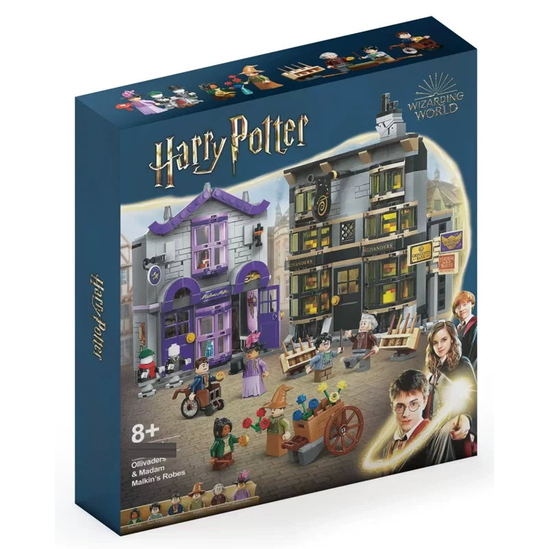Front view of the 744-piece wand shop and robes boutique building set