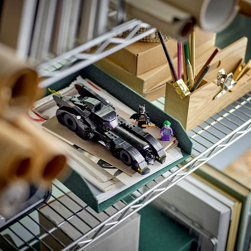 Assembled Batmobile model from the 438-piece brick set, gallery view