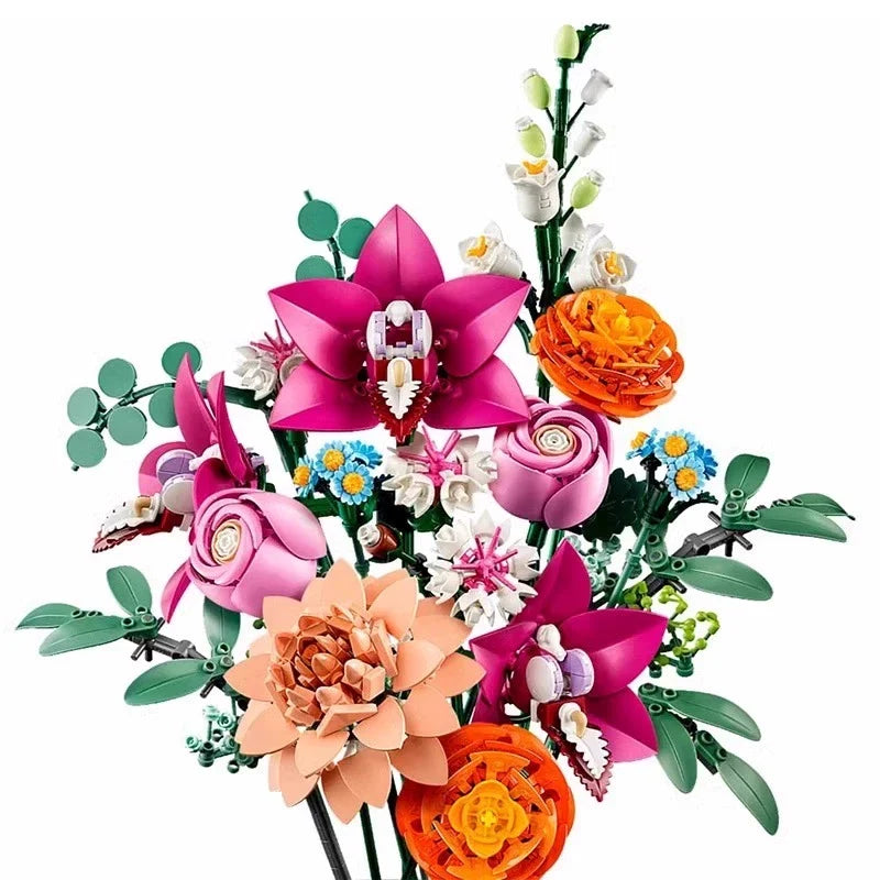 Pink flower bouquet building block set shown from another angle