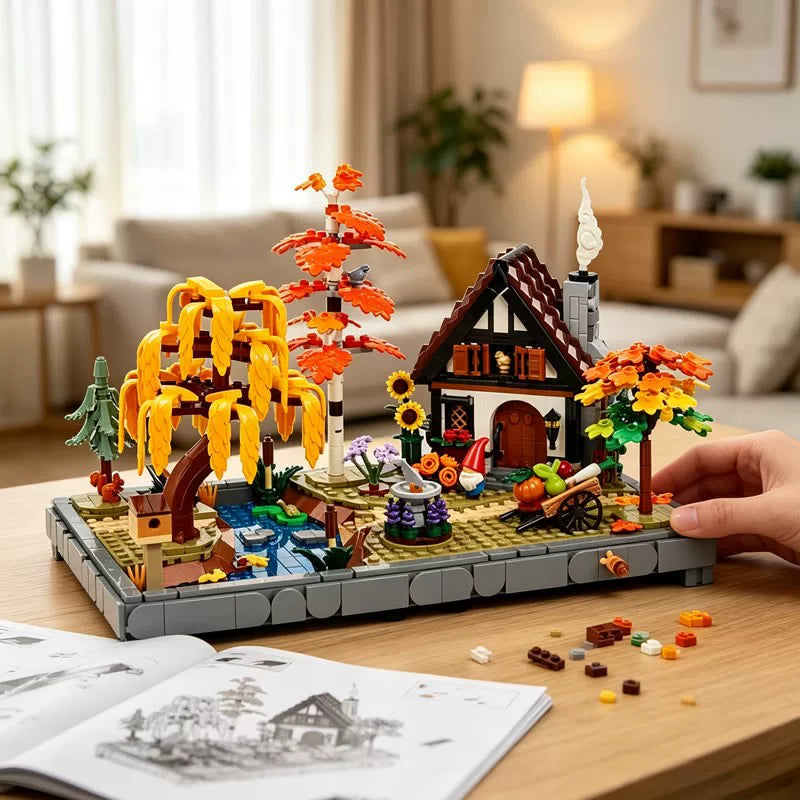 Autumn cottage garden building block model, front view