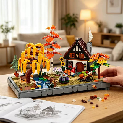 Autumn cottage garden building block model, front view