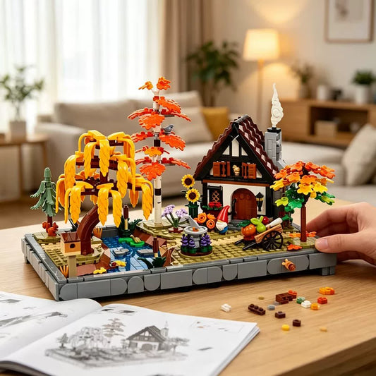 Autumn cottage garden building block model, front view