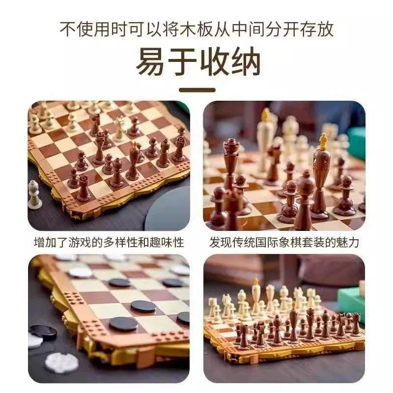 Additional angle of the built brick chess board and pieces