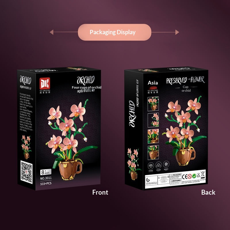 Coffee cup with orchid building block set, close-up detail