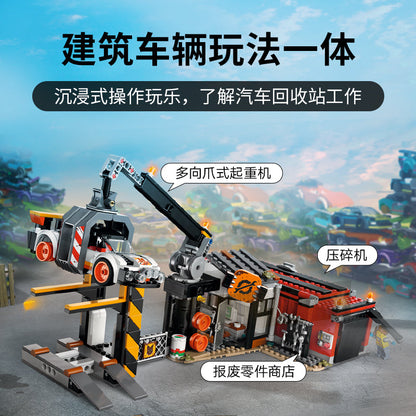 Close-up of vehicles and details in the scrapyard model