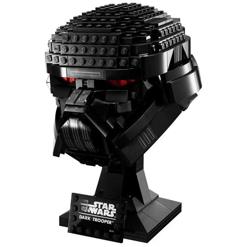 Brick-built helmet model prepared for shelf display