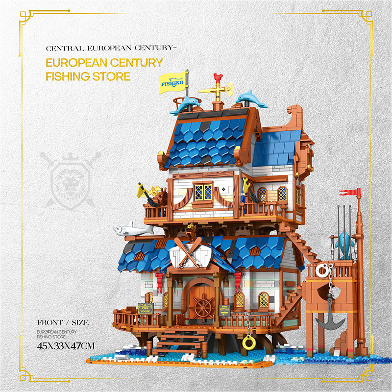 medieval fishing house building block set completed build display