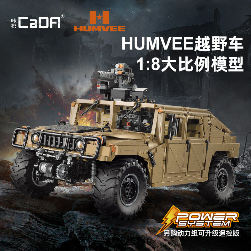 military-style off-road vehicle building block model, side profile view