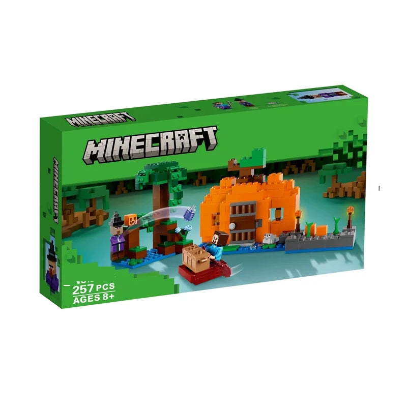 Pixel-style pumpkin farm building block set assembled